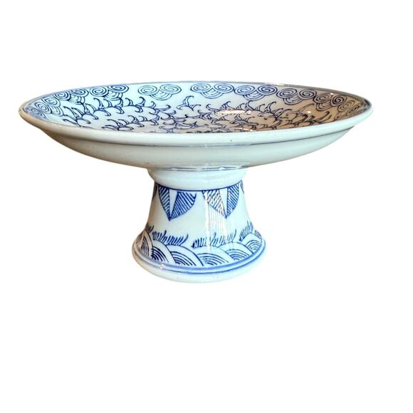 Antique Kangxi Blue And White Porcelain Lotus Pedestal Dish 8"x4" Flower Bats - Picture 1 of 7